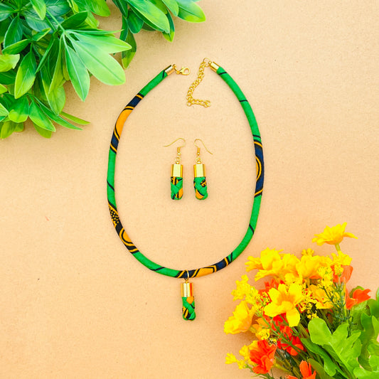 Green African print braided necklace and earrings set