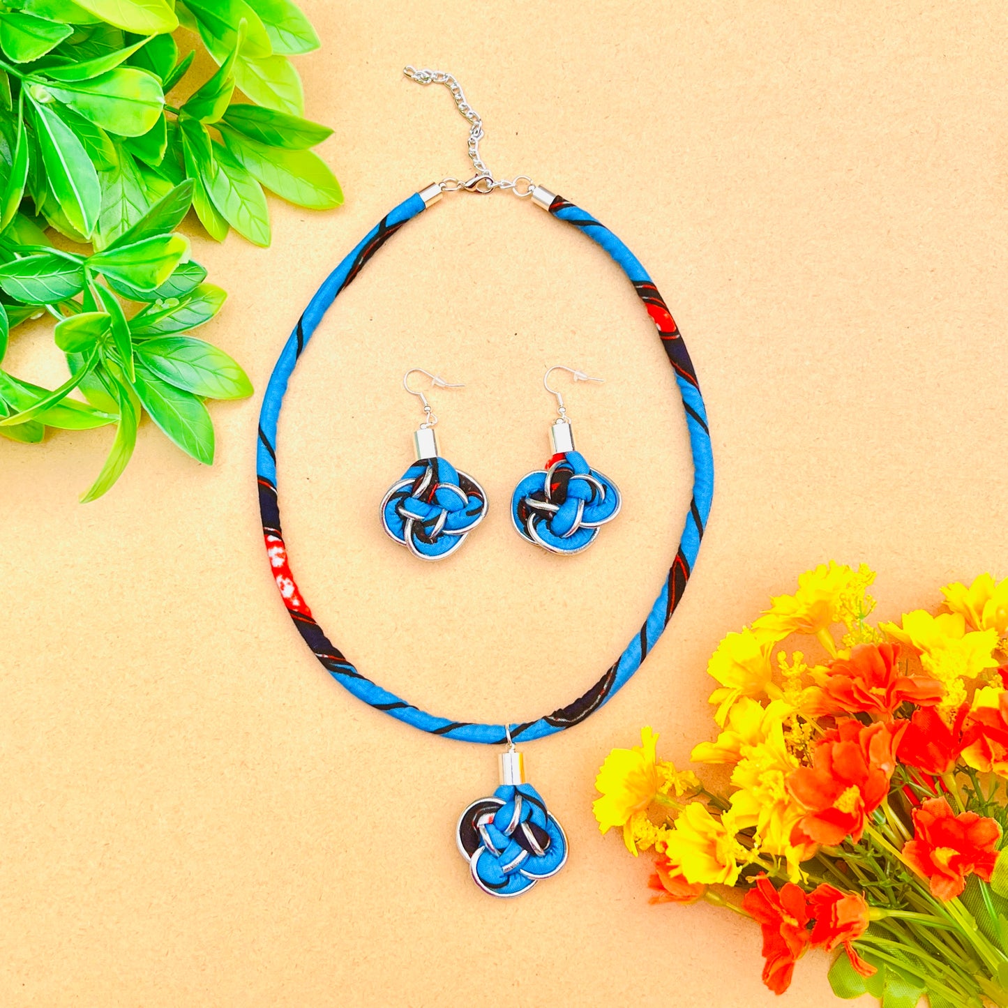Blue and silver African print knotted necklace and earrings set