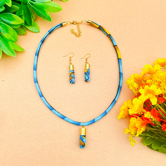 Blue African print braided necklace and earrings set