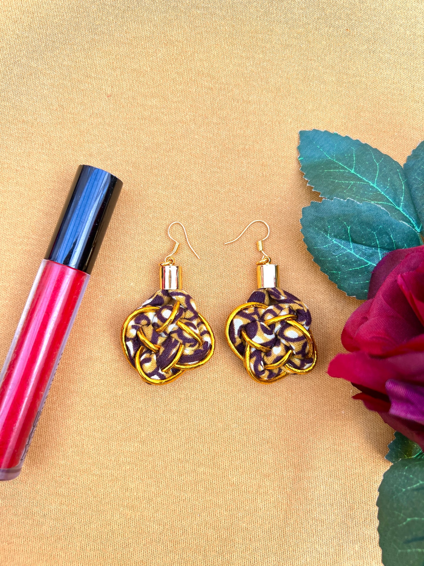 Brown and gold African print knotted hook earrings
