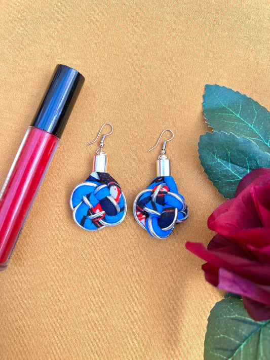 Blue and silver African print knotted hook earrings